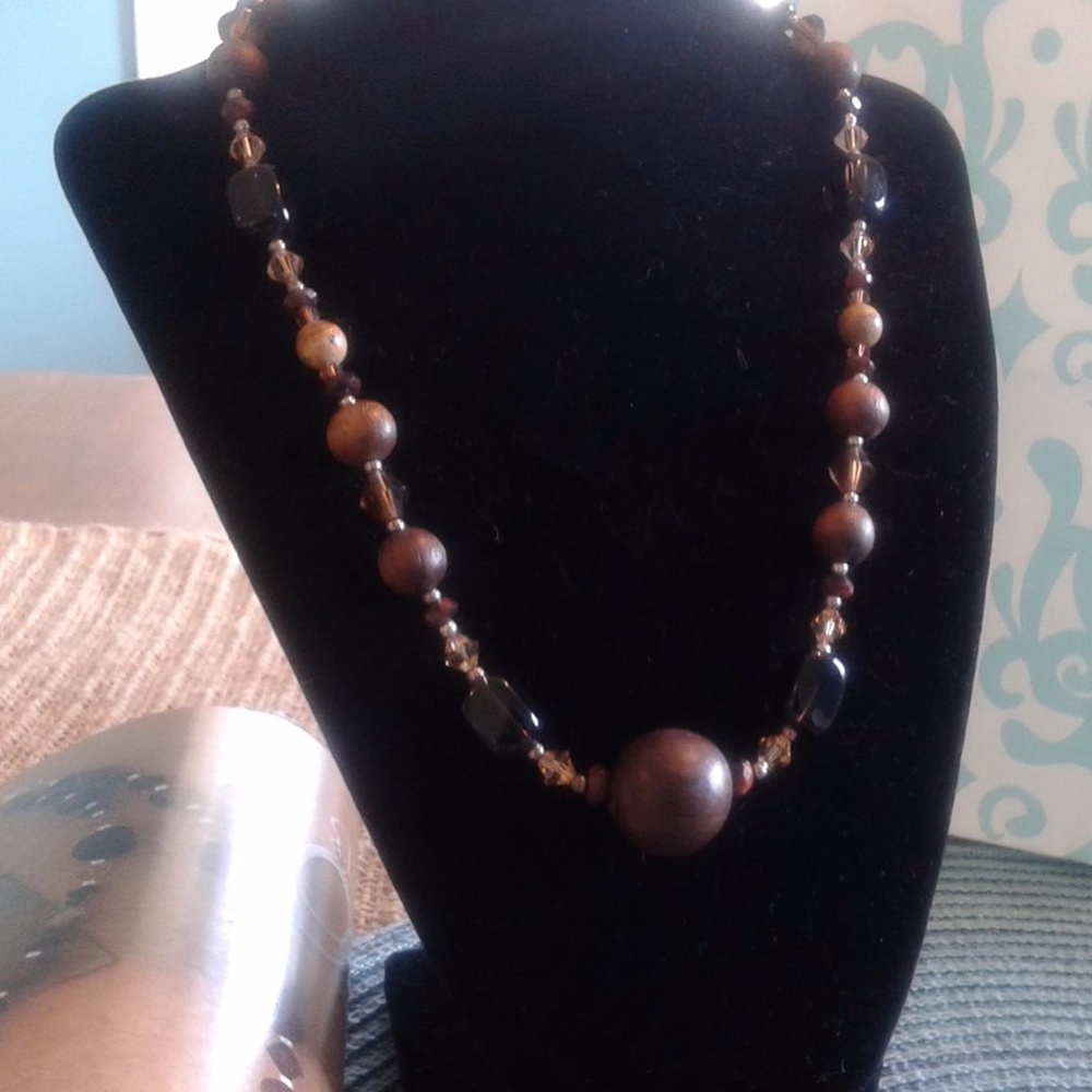 Wood, Smokey Quartz, Jasper, Crystal Necklace NWOT